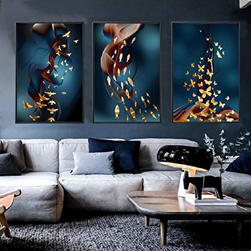 Art mural affiches de luxe giclée oiseaux dorés et poissons sur toile 80x120cm