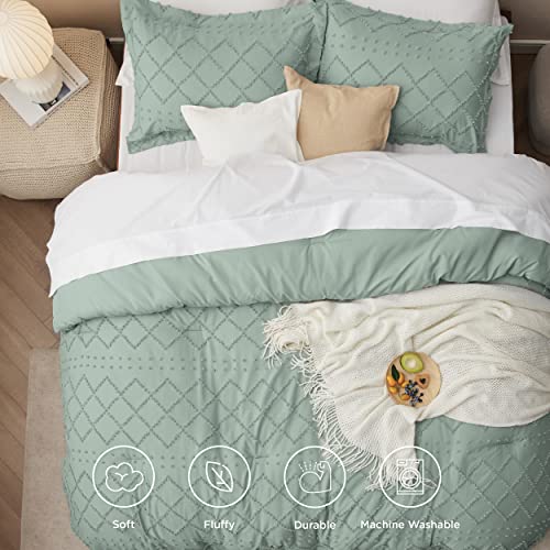 Image of Bedsure King Comforter Set - Sage Green Comforter, Boho Tufted Distressed Vintage Bedding for Kids, 3 Pieces Farmhouse-Style Bed Set for All Seasons, Fluffy Soft Bedding with 2 Pillow Shams