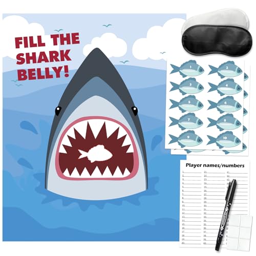 PARTYLOUD Shark Party Games, Pin The Fish on The Shark, Baby Shark Party Games Party Birthday Party Fun Games Supplies Decorations Decor for Kids Families Adult Groups