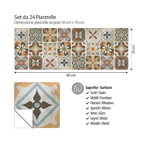 RE-COVERTILES - Adesivi per Piastrelle Bagno e Cucina 24 Pz 10x10 cm - PS00169 Decorazione murale in PVC impermeabile mattonelle mosaico stile cementine Azulejos