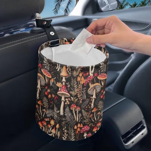 Image of Mushroom Floral Car Trash Bin Hanging, Waste Basket - Cute, Portable, Collapsible, Waterproof Rubbish Bag for Back Seat, Floor, or Hanging Headrest