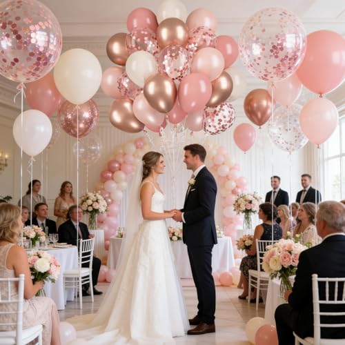 Image of 60Pcs Pink Rose Gold Balloons Kit 12 Inch Retro Pink Light Rose Gold Metallic Gold Ivory White Confetti Balloons for Birthday Wedding Bridal Shower Bachelorette Party Decorations Decor