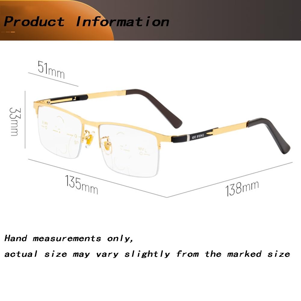 SFIVE Progressive Multifocus Lesebrille Metall Halber Rahmen Presbyopie Brille HD Lesebrille Anti-Blau Für Männer 1.0 1.5 2.0 2.5 (Color : Gold, Size : +3.0)