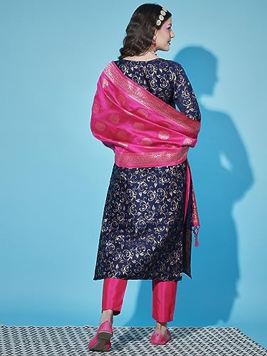 Image of VredeVogel Women's Cotton Silk Jacquard Kurta Pant Set with Banarasi Woven Self Designed Dupatta