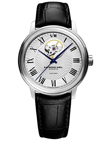 Raymond Weil Men's Maestro Stainless Steel Swiss-Automatic Watch with Leather Calfskin Strap, Black, 20 (Model: 2227-STC-00659), Silver