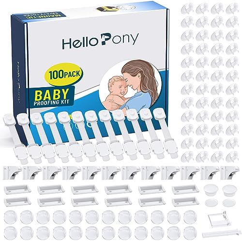 Image of HelloPony Baby Proofing Kit-12Locks+2Keys Magnetic Cabinet Locks-12 Pack Adjustable Strip Cabinet Locks for Babies-24Pack Clear Corner Protectors for Baby-48Pack Clear Outlet Covers