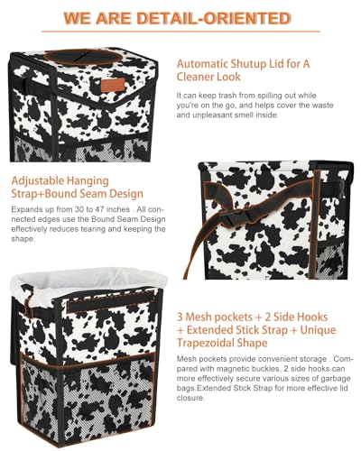 Image of Pritent Car Trash Can with Lid, Cute Leakproof Car Trash Garbage Bag Hanging Vehicle Trash Bin Small Portable Automotive Garbage Cans Organizer for Back /Front Seat /Console(2.8 Gallons,Cow Print)