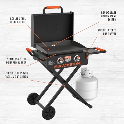 Image of BLACKSTONE 22 inch On The Go Scissor-Leg Griddle with Two Burners -Stainless Steel Gas Griddle with Hood, Wheels, Side Shelf -Heavy Duty Outdoor Stainless Steel Griddle for Backyard, Patio Camping -1935