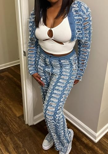 Vaceky Distressed Ripped Jeans Women Elastic Waist Straight Leg Denim Pants2