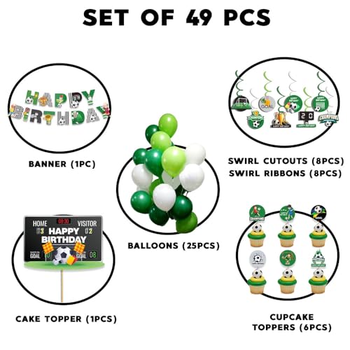 Image of Festiko Set of 49 Pcs Football Theme Happy Birthday Combo (Banner, Swirls With Cutouts, Balloons, Cake & Cupcake Toppers), Football Theme Decorations, Birthday Decoration Items