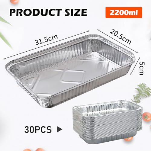 GBKDQQ Aluschalen Grill, 30 Stück Tropfschale, Aluschalen Groß 2200ML, Grillschalen Aluminium Einweg Auflaufform, Fettauffangschalen für Backen, Braten, Kochen, Wiederverwendbar, 31.5 x 20.5 x 5 cm