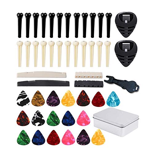 Jinlop Acoustic Guitar Bridge Pins Pegs Guitar Accessories Kit with Picks for Guitar Guitar Pick Holder Guitar Saddle Nut and Bridge Pin Puller Remover (50PCS)