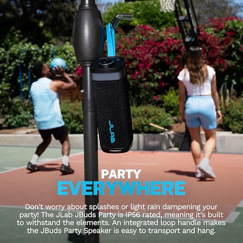 Image of JLab JBuds Party Portable Bluetooth Speaker, 2 Full-Range Drivers + 2 Passive Woofers, IP56 Waterproof, 12 Hours Playtime, Connect Multiple Speakers, Custom Sound + RGB Lighting via App, Black