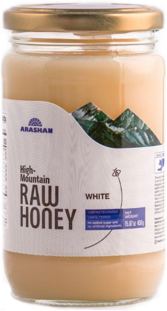 ARASHAN White Honey โ Raw Unfiltered Honey, (15.87 Oz) | Wildflower/Clover Honey From The โMountains Of Heavenโ (Tien Shan, KGZ) | Natural, Wild Honey From Bees | Anti-Aging. (Pack of 1)