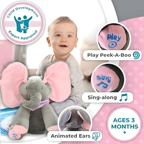 Image of Peek-a-Boo Elephant Stuffed Toy with Moving Ears, Musical Singing Plush Animal for Babies Toddlers Kids, Interactive Soft Grey Pink Elephant Doll with 2 Play Modes, Battery Operated Gift Toy