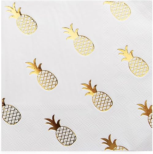 Miniatura 1 de Paquete de 80 servilletas de cóctel de papel blanco con patrón de piña de lámina dorada, suministros de fiesta (5 x 5 pulgadas, 3 capas)