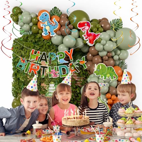 Image of Set of 55 Pcs Dinosaur Theme Birthday Decoration Kit with Happy Birthday Paper Banner, Dinosaur Cutouts, Green Brown Orange Balloons, Hanging Swirls, Jungle Party Decoration Set for Kids Boys