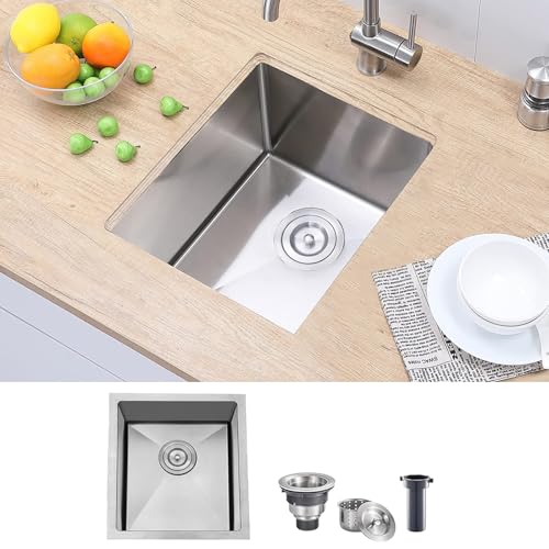 Hotis 15' x 17' Undermount Bar Sink, Stainless Steel Prep Small Kitchen Bar Sink for Rv/Outdoor, Single Bowl Design Brushed Nickel Sink With Strainer
