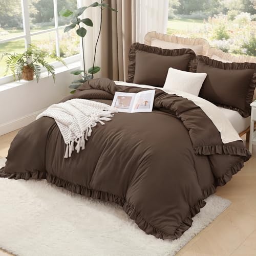 Image of Litanika Brown Twin Size Comforter Sets, 2 Pieces Ruffle Farmhouse Aesthetic Bedding Comforter Sets, All Season Soft Lightweight Fluffy Microfiber Bed Set(66x90In Comforter, 1 Pillowcase)