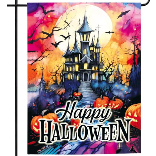 Image of Happy Halloween Garden Flag 12x18 Inch Haunted House Pumpkin Halloween Yard Flag Spooky Fall Porch Decor