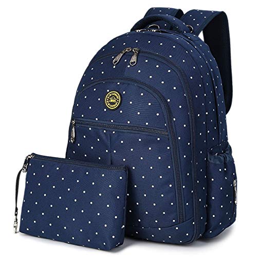 QIMIAOBABY Diaper Bag Smart Organizer Waterproof Travel Diaper Backpack Handbag with Changing Pad and Stroller Clips and Carry Pouch (Blue dots)