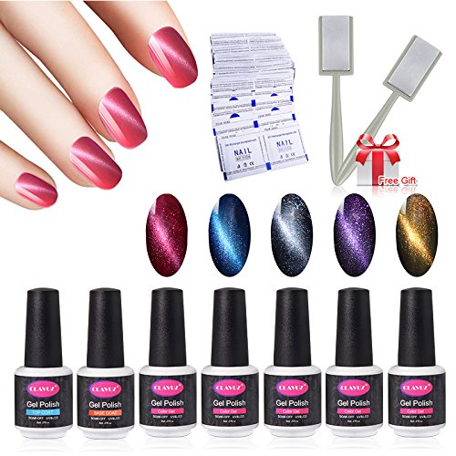 CLAVUZ Magnetic Nail Polish Set 5pcs Gel Polish with Top and Base Coat with 50 pcs Remover Wrap Soak Off UV LED Nail Art Kit 1pc Magic Magnet Stick Free Set DIY Manicure at Home