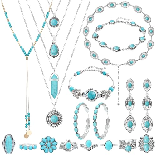 NEWITIN 20 Pieces Silver Bohemian Jewelry Set for Women Fashion Costume Jewels Turquoise Necklace Bracelet Ring Earrings Western Turquoise Jewelry Set for Women
