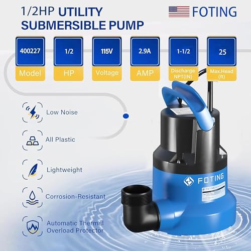 FOTING 1/2HP Submersible Water Pump with Stainless Steel Base - Removes Water to 0.04" Depth, 2450GPH Portable Sump Pump for Puddles, Pools, Boats, Gardens & Ponds - 10Ft Cord Included - Image 6