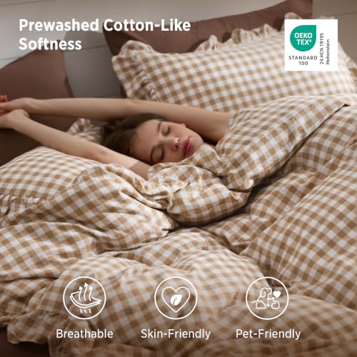Image of Bedsure Brown Gingham Ruffle Duvet Cover Set, Cotton-Like Quilt Cover, King