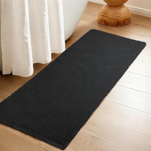 Siyaluens Luxury Waffle Bath Mat, Super Absorbent Non Slip Bathroom Rugs, Boho Ultra Soft Comfort Machine Washable Quick Dry Floor Mats with Tassels (Black, 24" x 72")