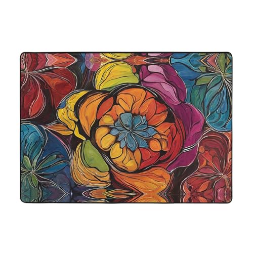Flower Stained Glass Print Living Room Anti Slip and Absorbent Carpet, Indoor Bedroom Bed Floor Mat, Ultra Soft Washable Carpet 80x58 in