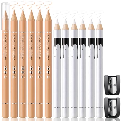 Noerrors 12Pcs Barber Pencil White Beige Skin Tone Magic Hairline Pencils Set Beard Guide Pen with Sharpener Barber Chalk for Lineup Edge Hair Design Shaping Trace Makeup Tool for Men