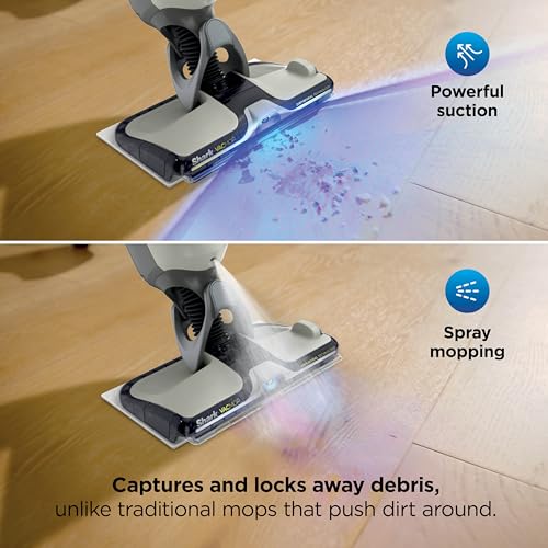 Image of Shark VACMOP Reveal Cordless Hard Floor Cleaner, Vacuum & Spray Mop, Powerful Suction, Lightweight, Illumination Light, 4 Disposable Pads, 12oz Pet Multi-Surface Cleaning Solution, Ivory, VM401IV