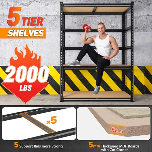 Image of 2000LBS Storage Shelves Heavy Duty,5-Tier Metal Shelving Unit for Pantry Garage Laundry Room,Adjustable Utility Storage Rack with Steel Frame & Thick MDF Boards,27.8 inchW x 12 inchD x 60 inchH, Black,4 Pack