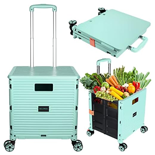 SELORSS Foldable Utility Cart Collapsible Crate Rolling Carts with Wheels Rolling Tote Basket Teacher Cart with Lid Wear-Resistant 360°Rotate Wheel Noiseless for Shopping Storage Office Use (Green)