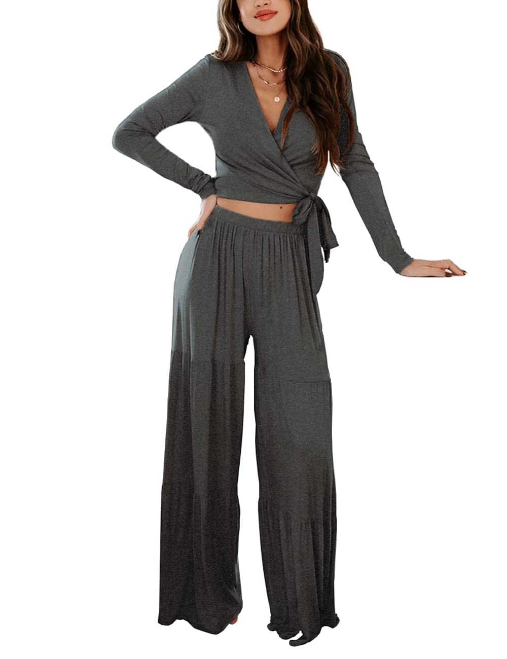 Photo 1 of Womens Lounge Sets Long Sleeve Crop Top with Wide Leg Pants Comfy Loungewear Casual 2 Piece Outfits SIZE M