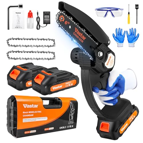 Vastar Mini Chainsaw Cordless, 6 Inch Portable Electric Chainsaw, Battery Powered Handheld Chain Saw with 2Pcs 24V 2000MAH Rechargeable Battery, Splash Guard for Tree Trimming Gardening Camping
