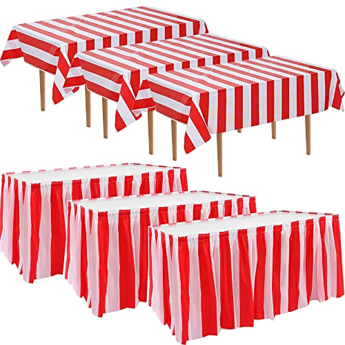 6 Stück rot weiß gestreifte Kunststoff-Tischdecken und Tischröcke Set Karneval Zirkus Tischdecken Einweg-Tischdecke wasserdicht rechteckige Tischdecke Cover