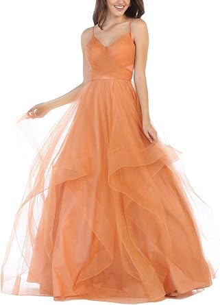 GMAR Womens V-Neck Long Glitter Tulle Spaghetti Prom Ball Gowns 12 Orange