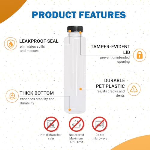 Holotap 42 Pcs 12 OZ Juice Bottles with Caps Bulk, Empty Plastic Bottles with Black Tamper Evident Lids for Juicing, Protein Drinks and Other Beverage Drink Containers (Black, 12OZ)