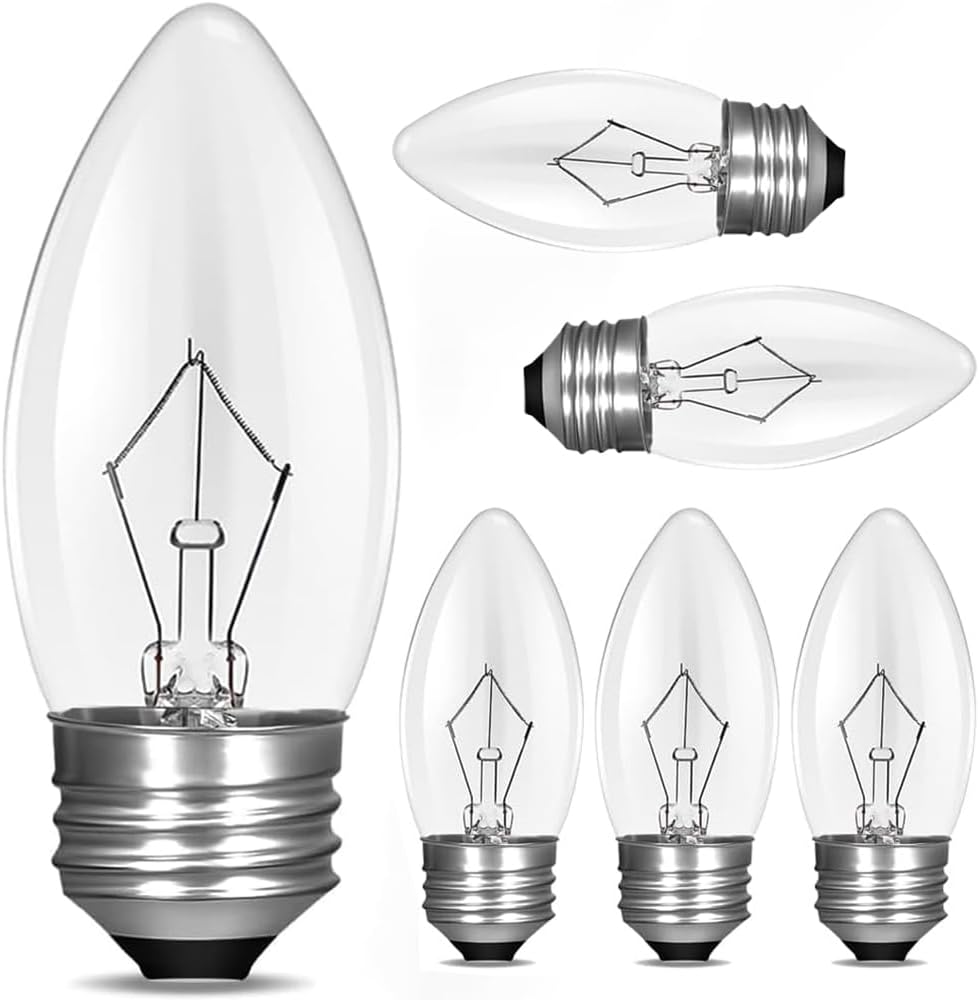 40W Equivalent Incandescent Torpedo Tip Chandelier,Clear Finish, Decorative, Chandelier F Type Flame Tip, E26/E27 Medium Base (6pack)