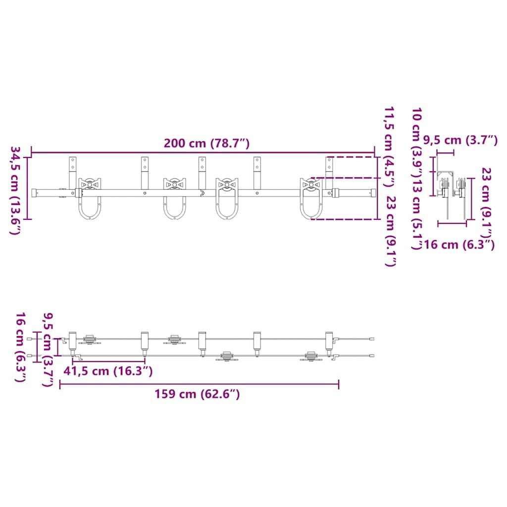 Juego de herrajes para puerta corredera de 200 cm de acero con recubrimiento en polvo negro con ruedas, topes de puerta, soporte de derivación para puertas de granero, accesorios de montaje