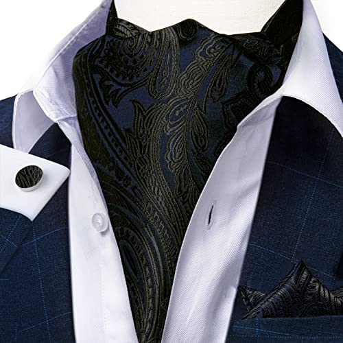 Image of DiBanGu Mens Silk Ascot Ties Paisley Jacquard Woven Cravat and Pocket Square Cufflinks with Lapel Pin for Business Wedding