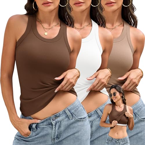 JOVCOVL Lot de 3 débardeurs côtelés sans manches pour femme, Lot de 3 blanc | Le tissu extensible doux offre un soutien confortable et une coupe flatteuse pour un usage quotidien, le yoga