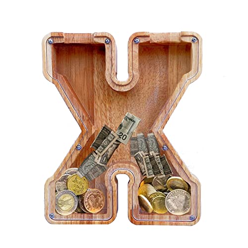 Large Piggy Bank for Kids Boys Girls, Personalized Wooden Letter Piggy Bank with Cut-Out Design, Alphabet Letter Coin Banks, Money Savings Box,Birthday Present for Kids Adults and Home Decoration (X)