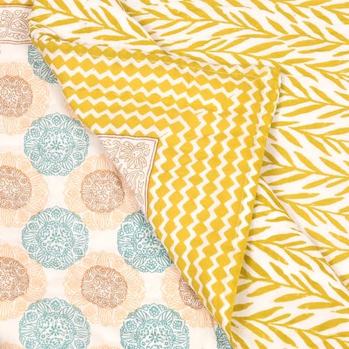 Image of BLOCKS OF INDIA Cotton Single Size Quilt Hand Block Print for Light Winters (60X90 Inches) (Green Chakri, 300 Tc)