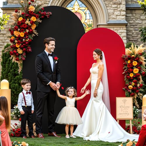 Image of Red Black Arch Backdrop Cover for Wedding, Set of 2 Stretchy Spandex Fitted Arch Stand Cover for Baby Shower, Birthday Party Decor, Chiara Backdrop Cover with Double-Sided Design(7.2FT 6FT)