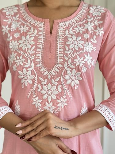 Image of Yashika Women Peach Chikankari Work with Pure Cotton Fabric Straight Kurta, Pant and Dupatta Set | Kurta Set for Women