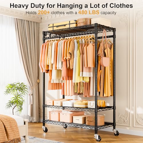 P7 Rolling Clothes Rack, Heavy Duty 3-Tier Closet Organizer, Black