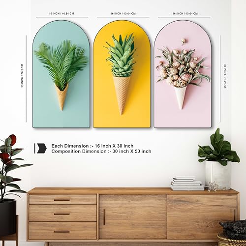 Image of SAF Colorful Flower in Ice Cream Cone Wall Art 3 Panel Set | Modern Abstract Floral Painting on MDF | Fun & Quirky Wall Hanging for Living Room Bedroom Office Cafe Decor (30 x 50 Inch) RPNL-78